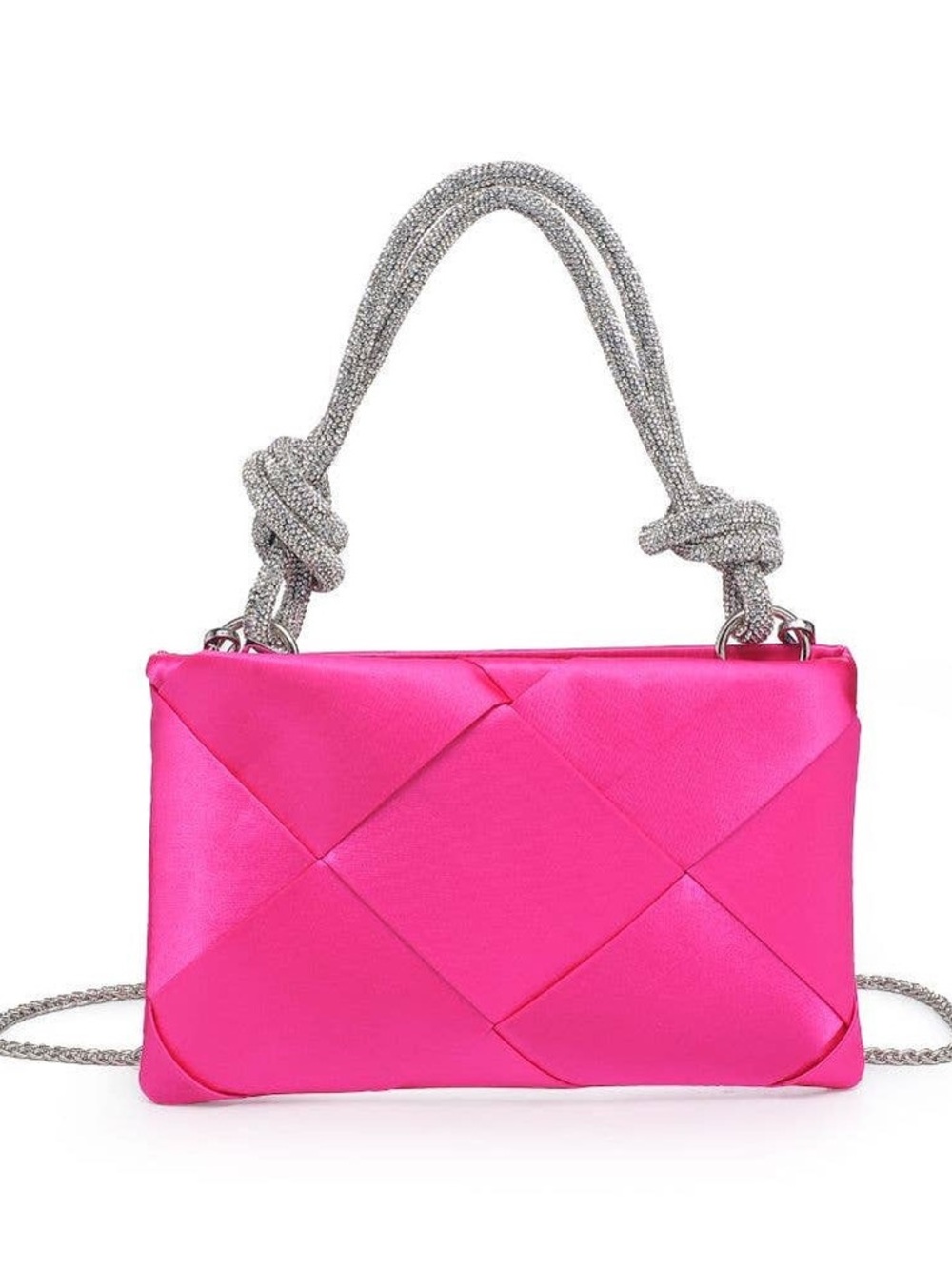 Women’s Pink Satin Evening Clutch with Silver Rope Handle